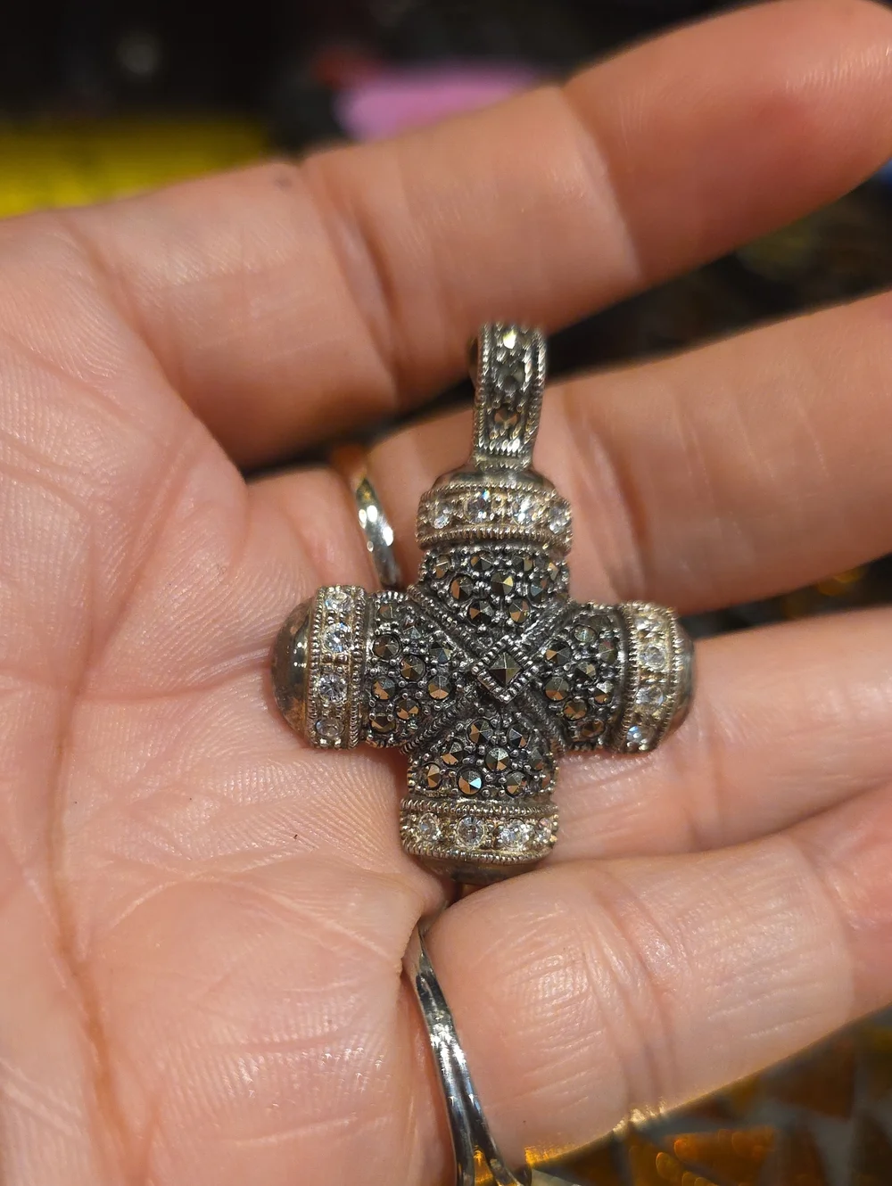Sterling Cross Pendant with Black Marcasite Accents